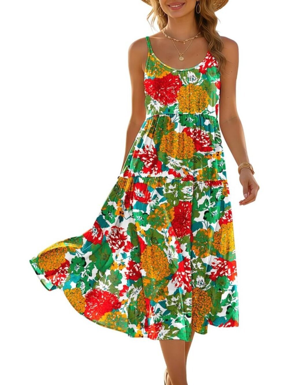 Women's Floral Green stable Spaghetti Strap Sundress Boho Casual Flow Midi Dress